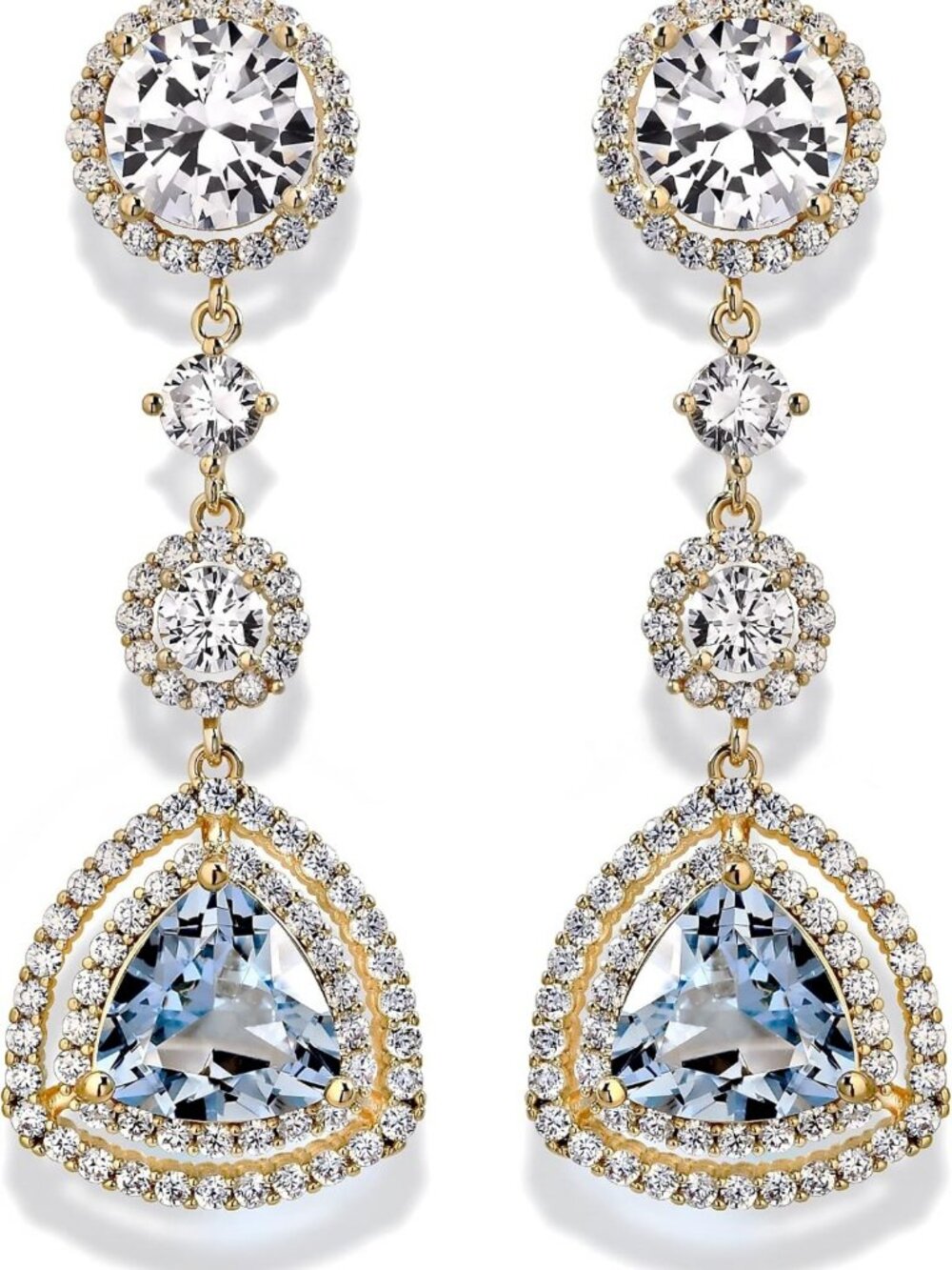 Trendy Gold Dangle Earrings with Sky Blue Aquamarine, Drop Chandelier Style